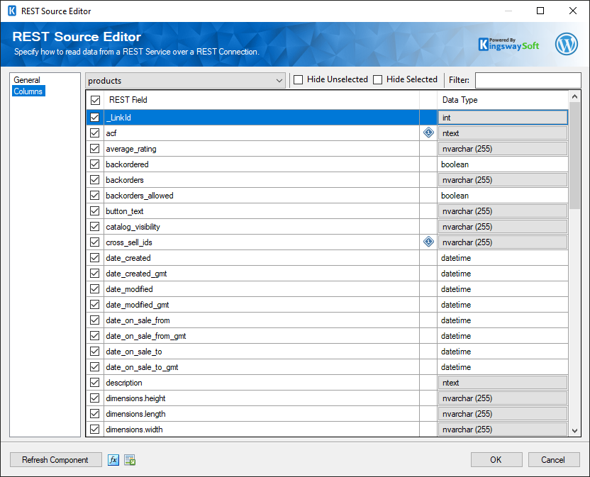 SSIS WordPress REST Source - Columns